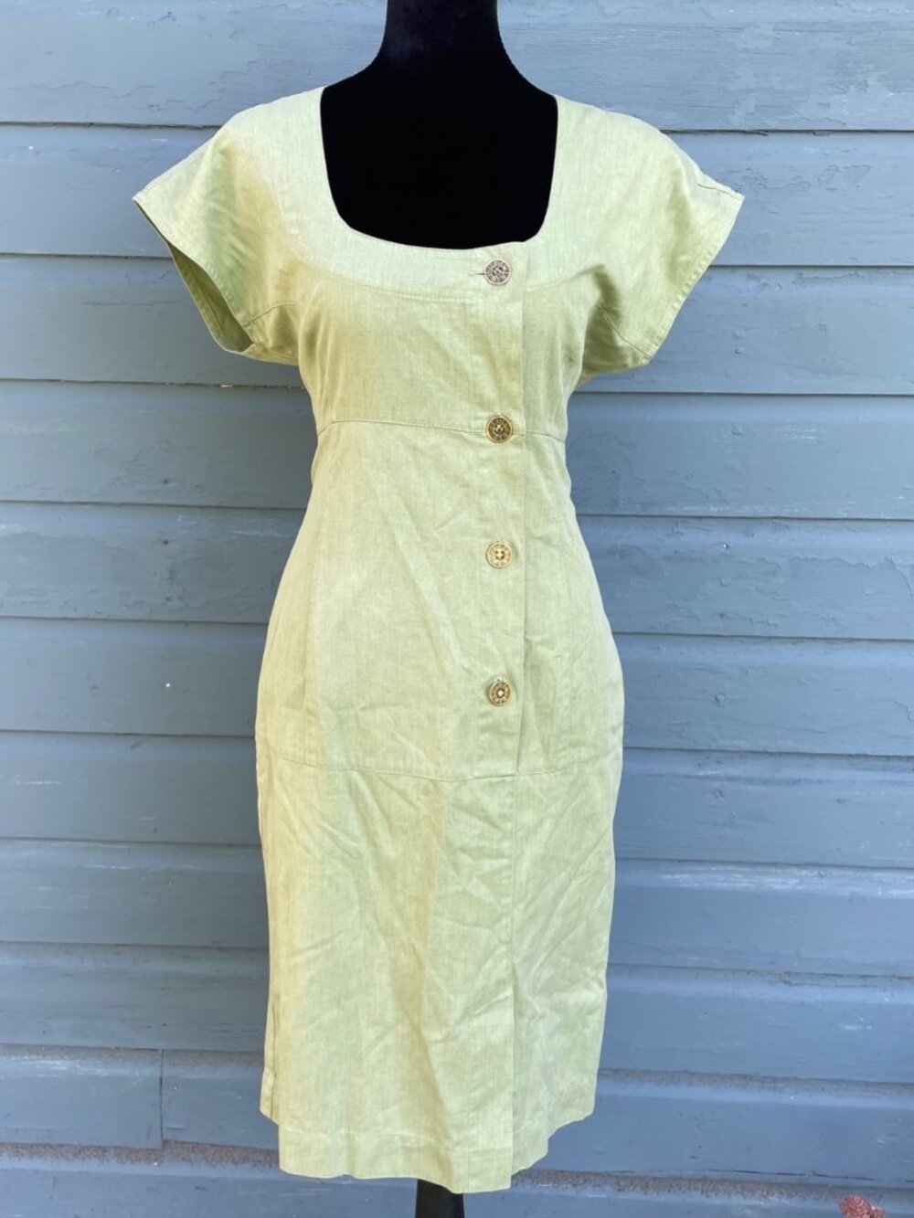 Vintage 80s Fendi Sheath Midi Dress Sage Green 42 Made in Italy Gold Logo Button